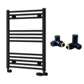 Reina Capo Flat Black Bathroom Heated Towel Rail 800 x 600mm with Manual Corner Valves - Stylish Mild Steel Ladder Radiator