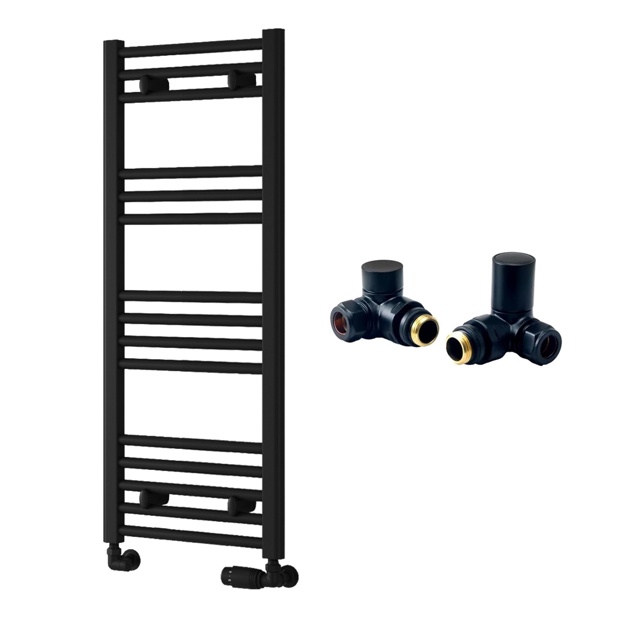 Reina Capo Flat Black Bathroom Heated Towel Rail 1000 x 400mm with Manual Corner Valves - Stylish Mild Steel Ladder Radiator