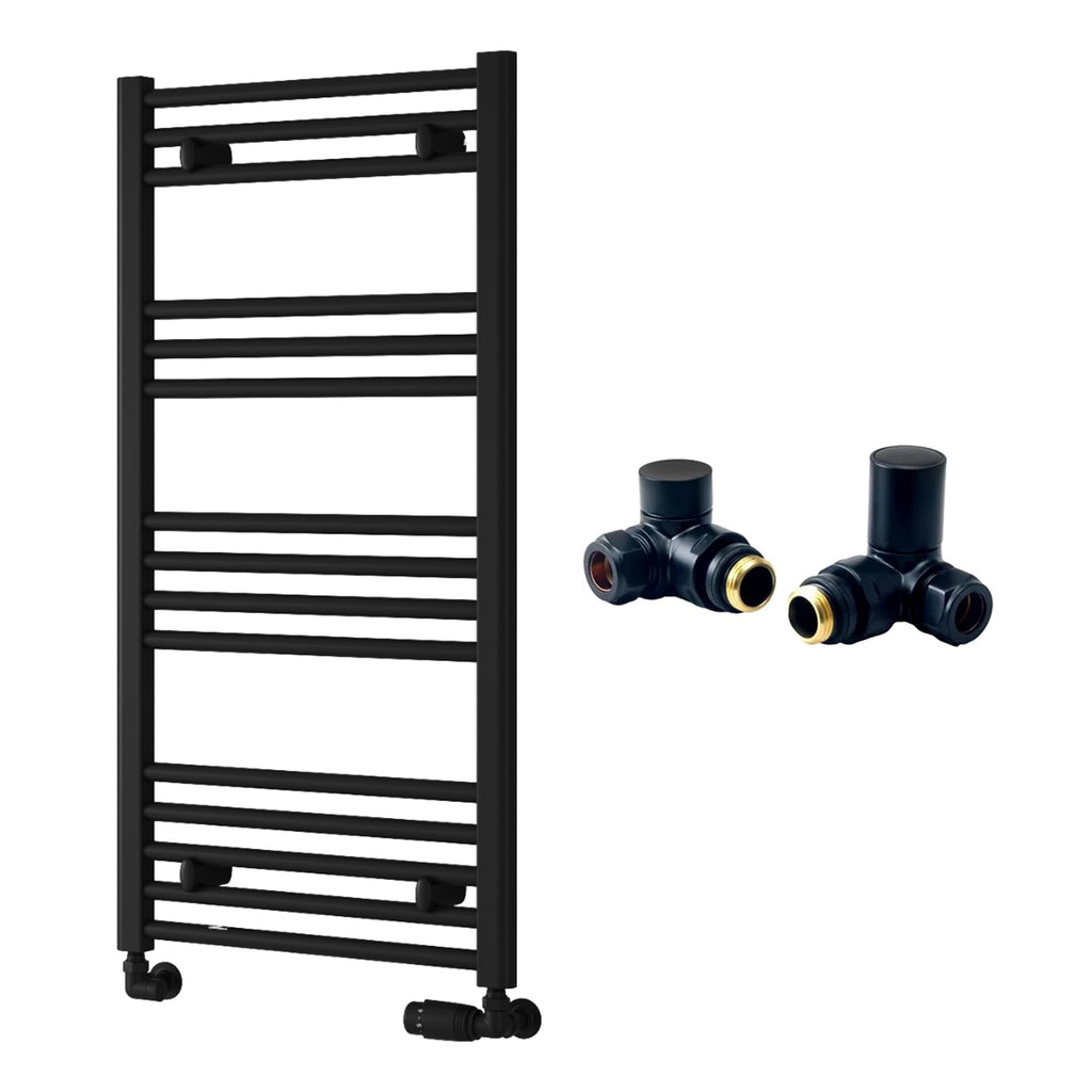 Reina Capo Flat Black Bathroom Heated Towel Rail 1000 x 500mm with Manual Corner Valves - Stylish Mild Steel Ladder Radiator