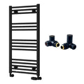 Reina Capo Flat Black Bathroom Heated Towel Rail 1000 x 500mm with Manual Corner Valves - Stylish Mild Steel Ladder Radiator