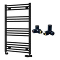 Reina Capo Flat Black Bathroom Heated Towel Rail 1000 x 600mm with Manual Corner Valves - Stylish Mild Steel Ladder Radiator