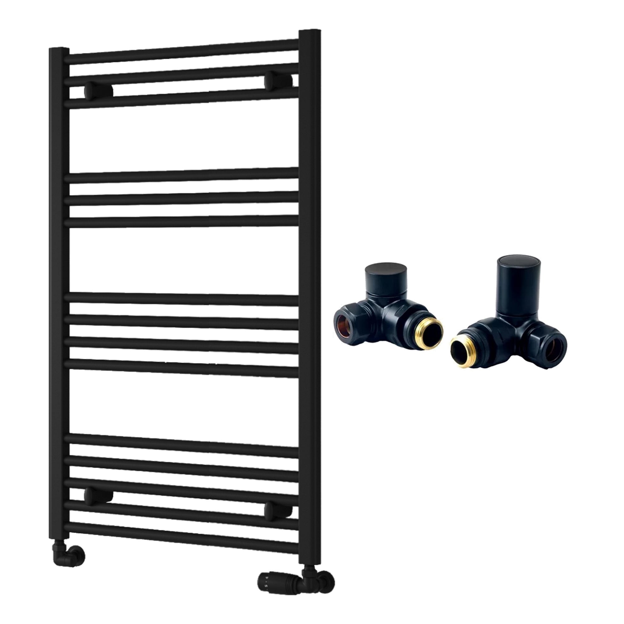 Reina Capo Flat Black Bathroom Heated Towel Rail 1000 x 600mm with Manual Corner Valves - Stylish Mild Steel Ladder Radiator