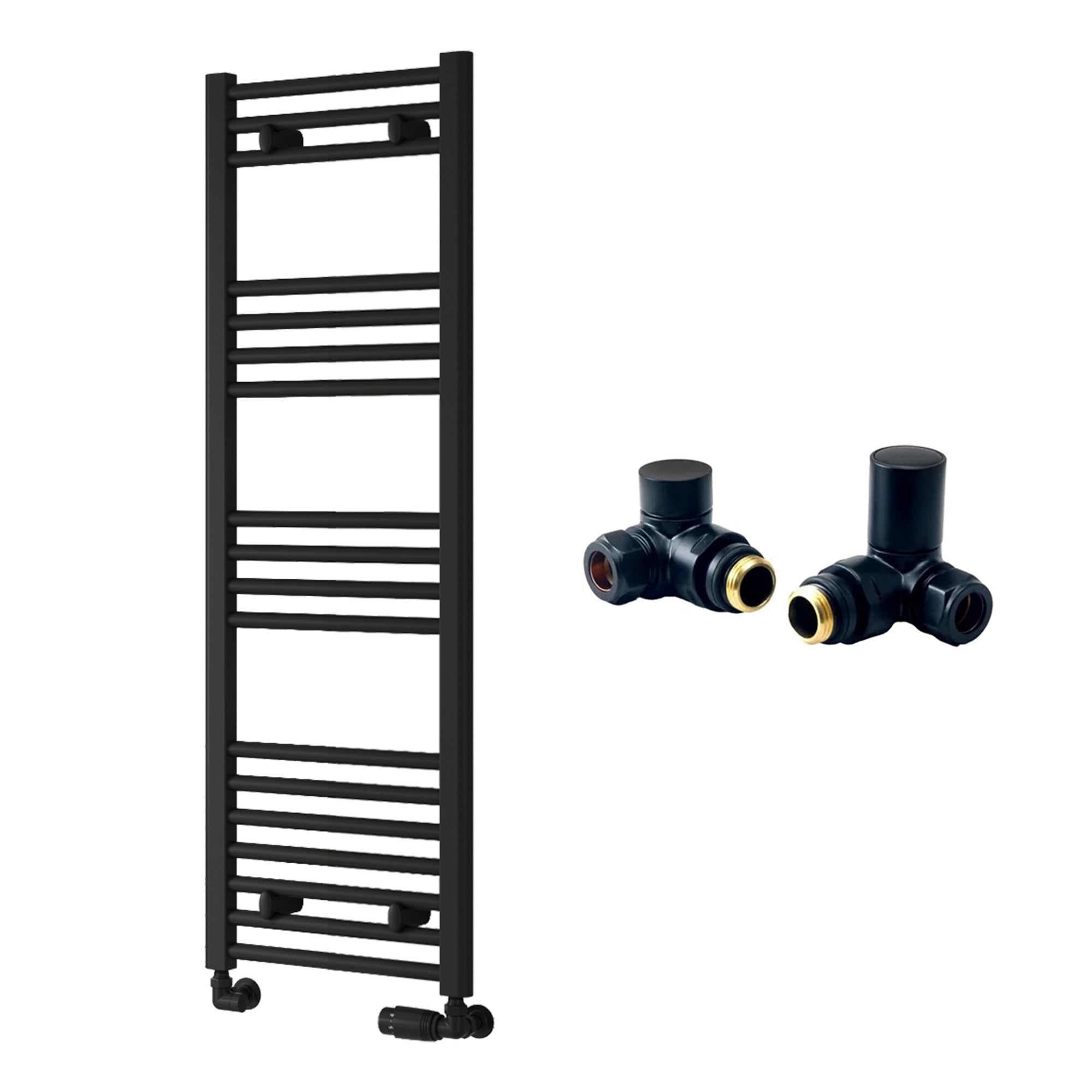 Reina Capo Flat Black Bathroom Heated Towel Rail 1200 x 400mm with Manual Corner Valves - Stylish Mild Steel Ladder Radiator