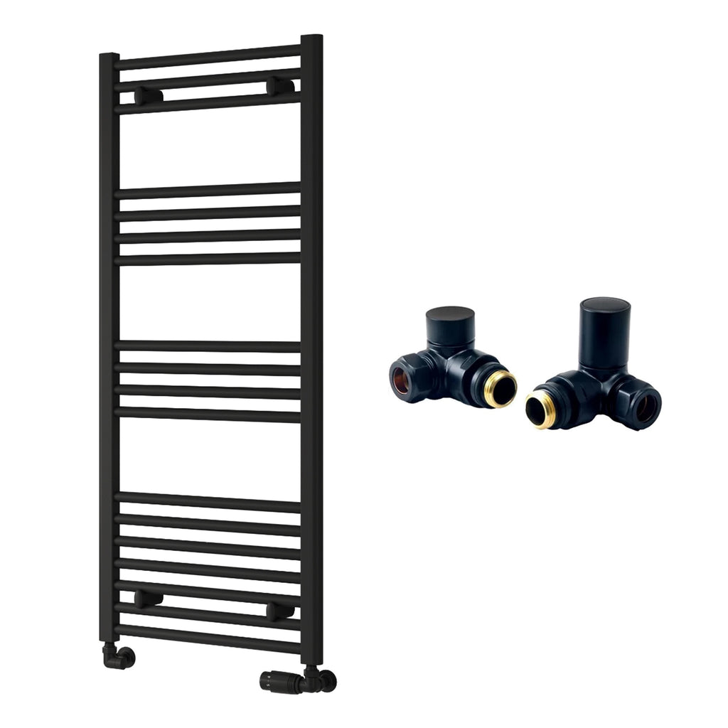 Reina Capo Flat Black Bathroom Heated Towel Rail 1200 x 500mm with Manual Corner Valves - Stylish Mild Steel Ladder Radiator