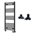 Reina Capo Flat Black Bathroom Heated Towel Rail 1200 x 500mm with Manual Corner Valves - Stylish Mild Steel Ladder Radiator