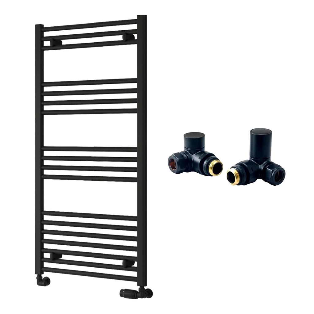 Reina Capo Flat Black Bathroom Heated Towel Rail 1200 x 600mm with Manual Corner Valves - Stylish Mild Steel Ladder Radiator