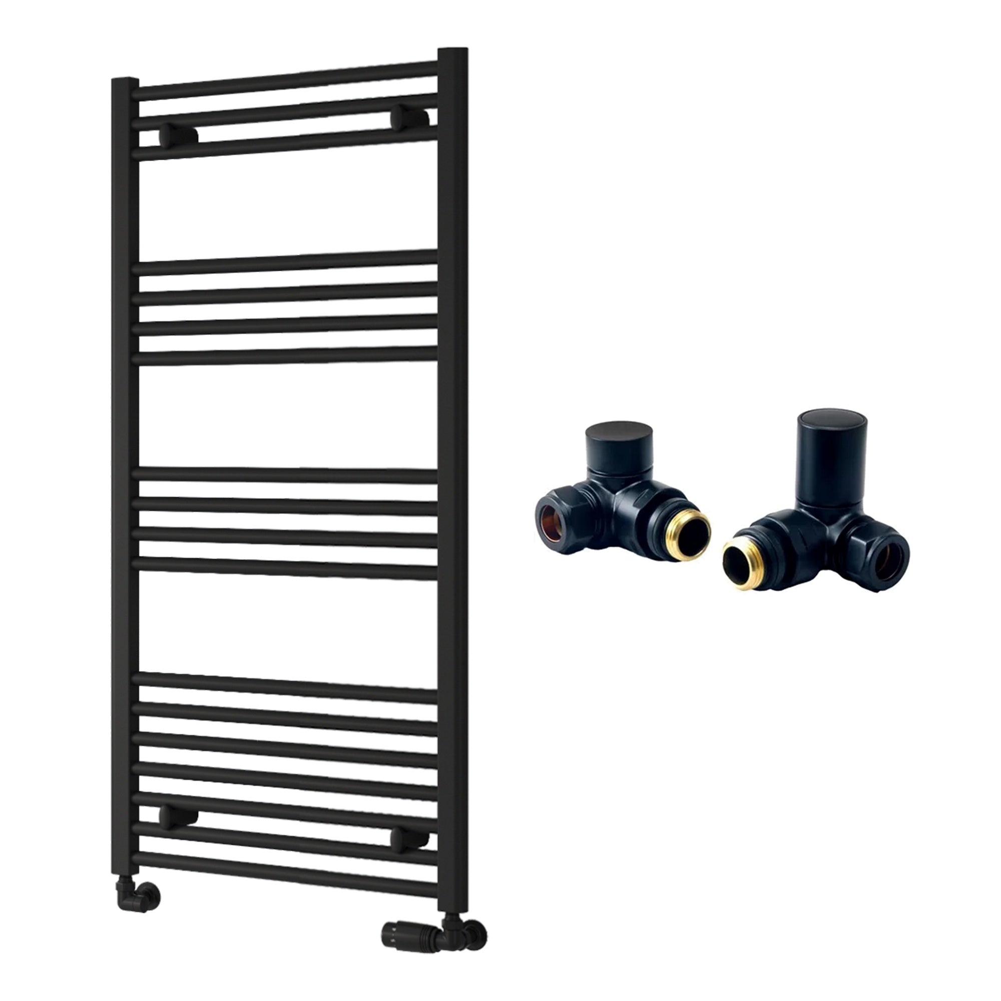 Reina Capo Flat Black Bathroom Heated Towel Rail 1200 x 600mm with Manual Corner Valves - Stylish Mild Steel Ladder Radiator