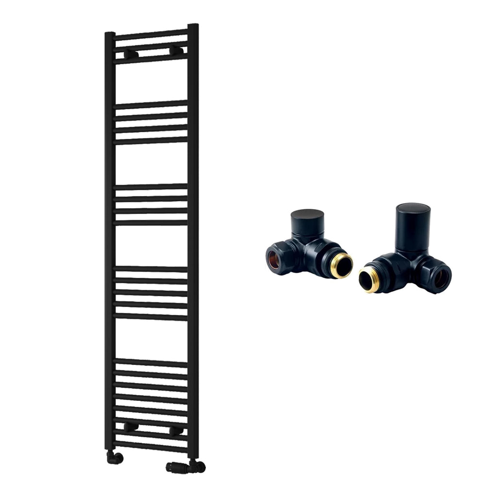 Reina Capo Flat Black Bathroom Heated Towel Rail 1600 x 400mm with Manual Corner Valves - Stylish Mild Steel Ladder Radiator