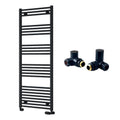 Reina Capo Flat Black Bathroom Heated Towel Rail 1600 x 500mm with Manual Corner Valves - Stylish Mild Steel Ladder Radiator