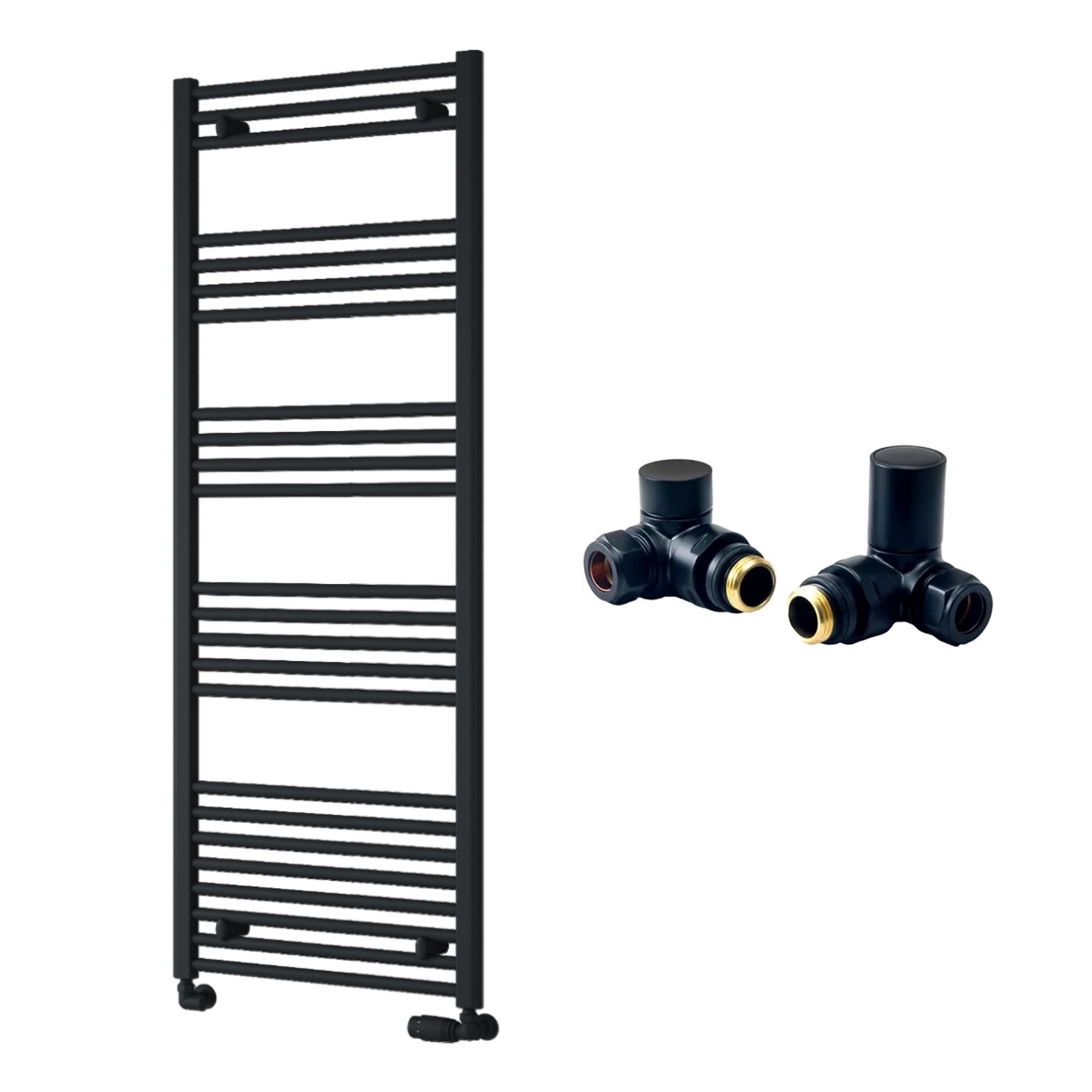 Reina Capo Flat Black Bathroom Heated Towel Rail 1600 x 600mm with Manual Corner Valves - Stylish Mild Steel Ladder Radiator