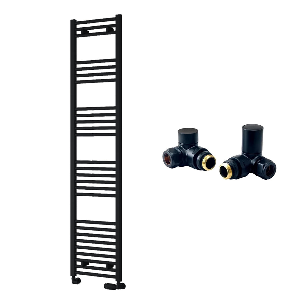 Reina Capo Flat Black Bathroom Heated Towel Rail 1800 x 400mm with Manual Corner Valves - Stylish Mild Steel Ladder Radiator