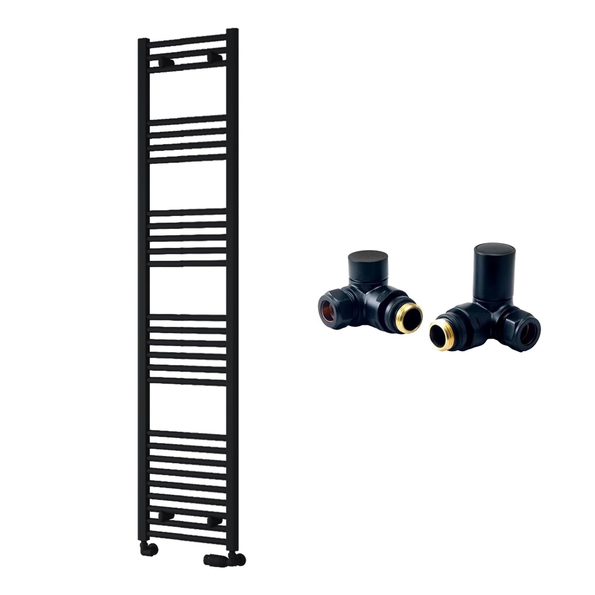 Reina Capo Flat Black Bathroom Heated Towel Rail 1800 x 400mm with Manual Corner Valves - Stylish Mild Steel Ladder Radiator