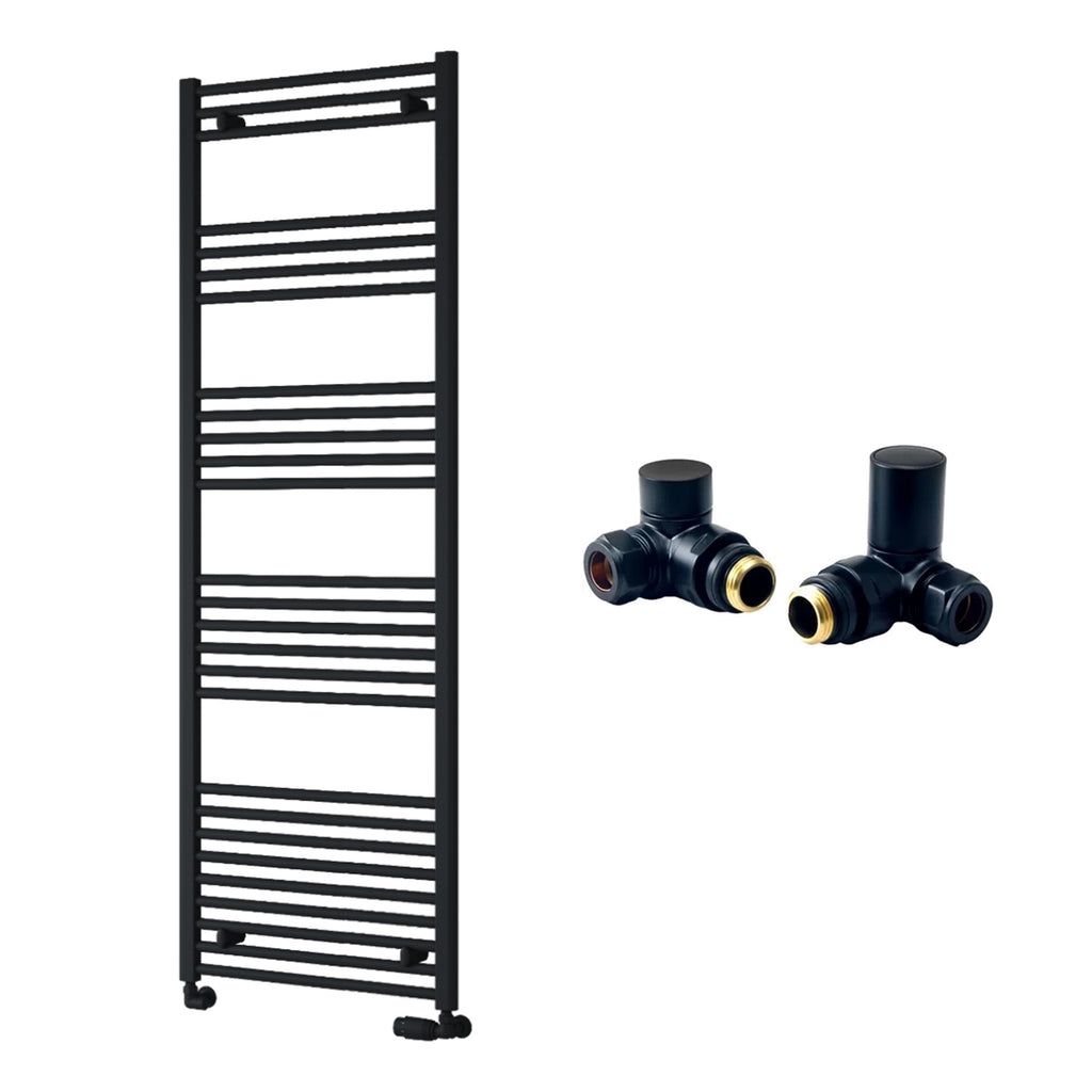 Reina Capo Flat Black Bathroom Heated Towel Rail 1800 x 500mm with Manual Corner Valves - Stylish Mild Steel Ladder Radiator
