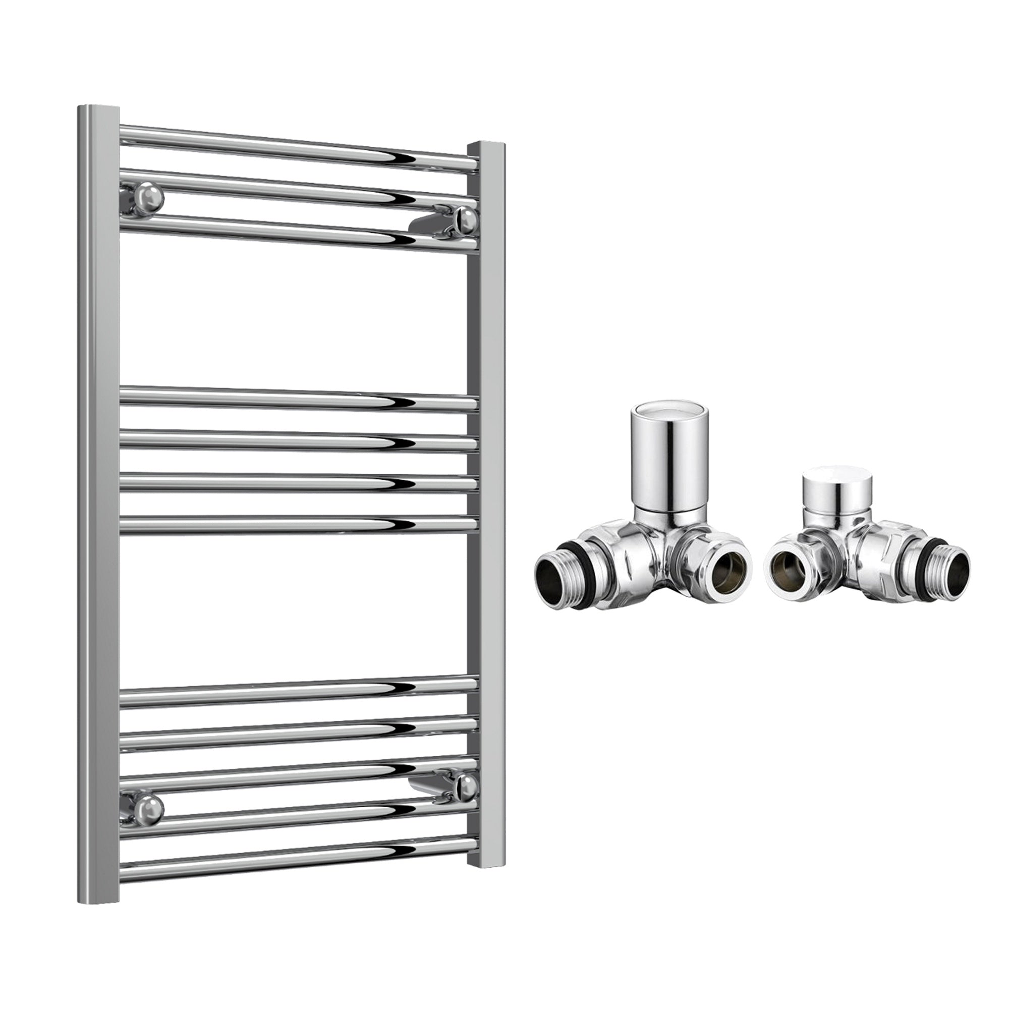 Reina Capo Flat Chrome Bathroom Heated Towel Rail 800 x 400mm with Manual Corner Valves - Stylish Mild Steel Ladder Radiator