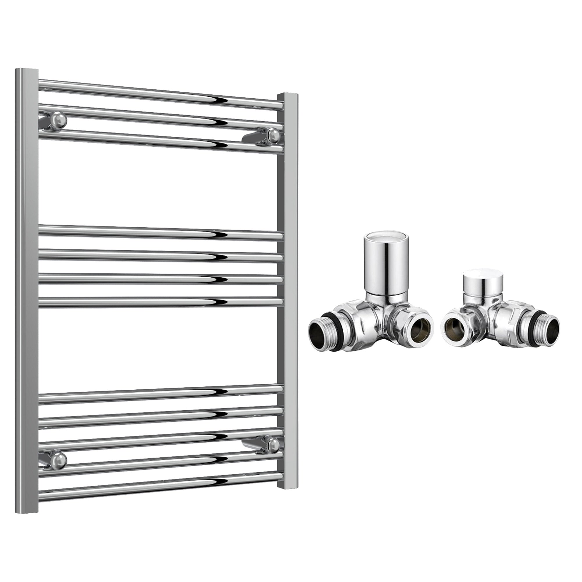 Reina Capo Flat Chrome Bathroom Heated Towel Rail 800 x 600mm with Manual Corner Valves - Stylish Mild Steel Ladder Radiator