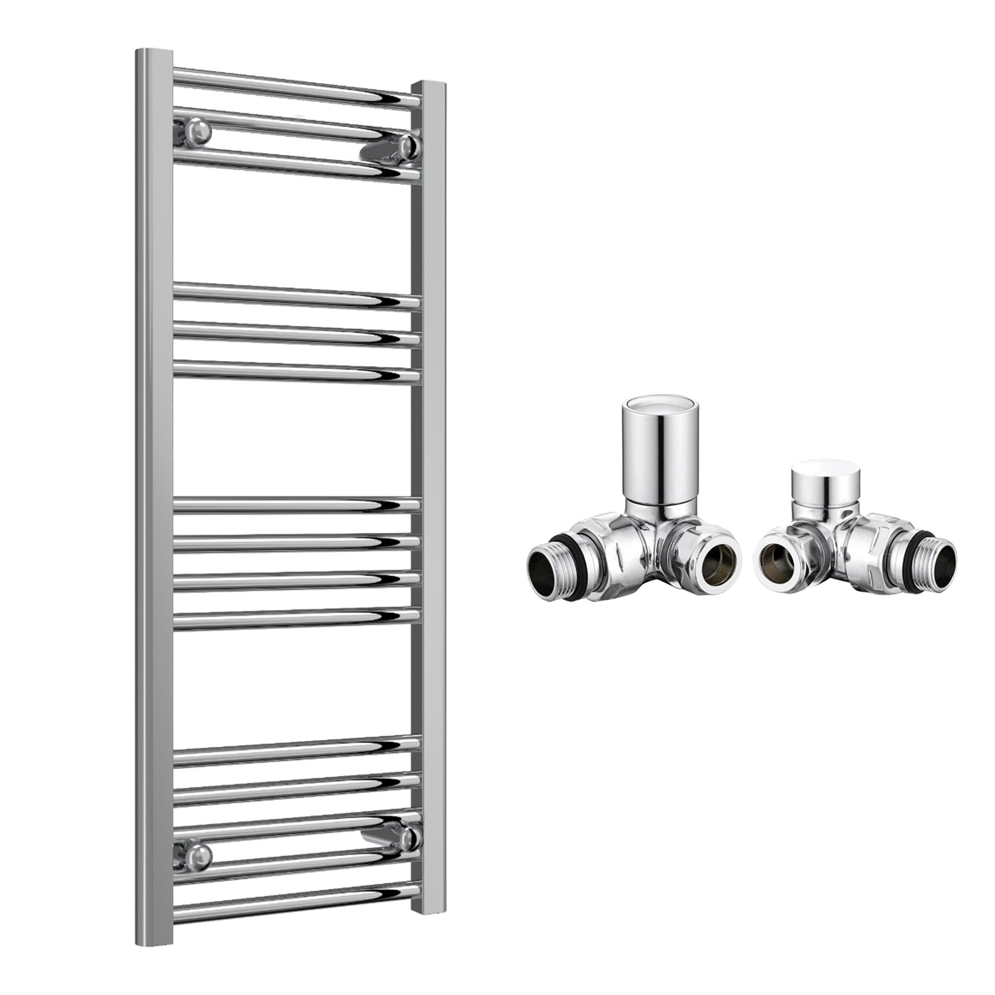 Reina Capo Flat Chrome Bathroom Heated Towel Rail 1000 x 400mm with Manual Corner Valves - Stylish Mild Steel Ladder Radiator