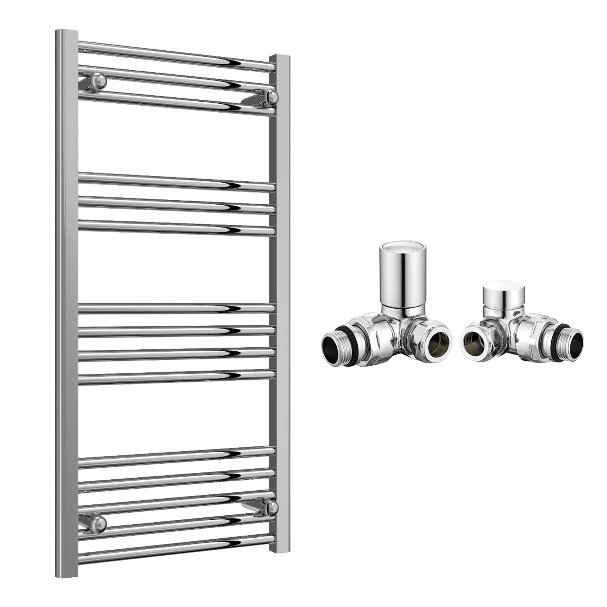 Reina Capo Flat Chrome Bathroom Heated Towel Rail 1000 x 500mm with Manual Corner Valves - Stylish Mild Steel Ladder Radiator