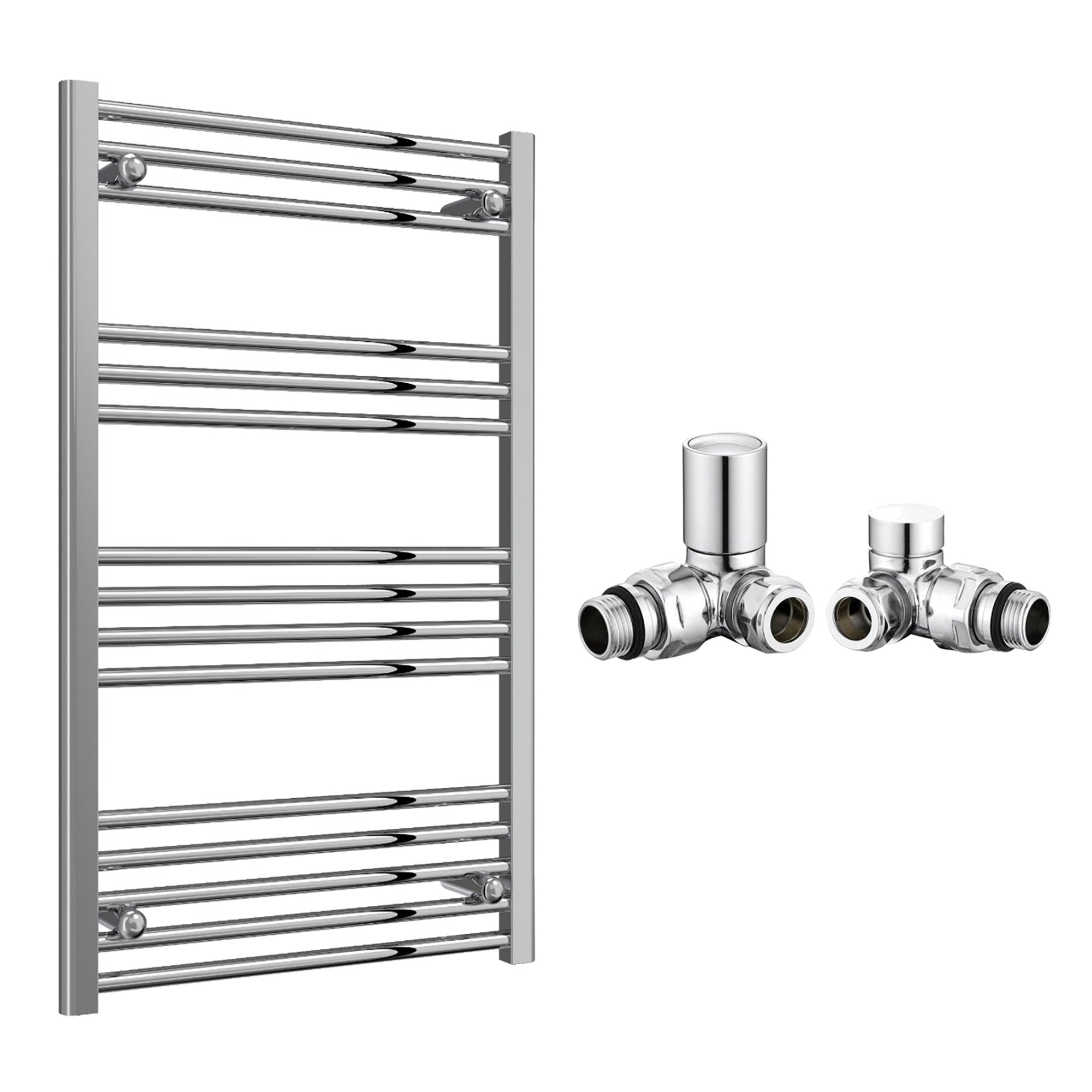 Reina Capo Flat Chrome Bathroom Heated Towel Rail 1000 x 600mm with Manual Corner Valves - Stylish Mild Steel Ladder Radiator