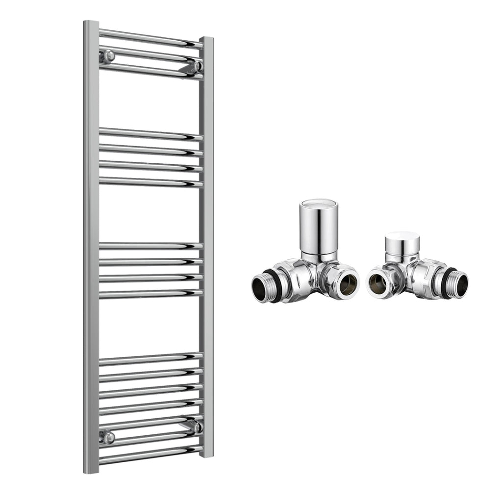 Reina Capo Flat Chrome Bathroom Heated Towel Rail 1200 x 400mm with Manual Corner Valves - Stylish Mild Steel Ladder Radiator