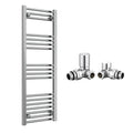 Reina Capo Flat Chrome Bathroom Heated Towel Rail 1200 x 400mm with Manual Corner Valves - Stylish Mild Steel Ladder Radiator