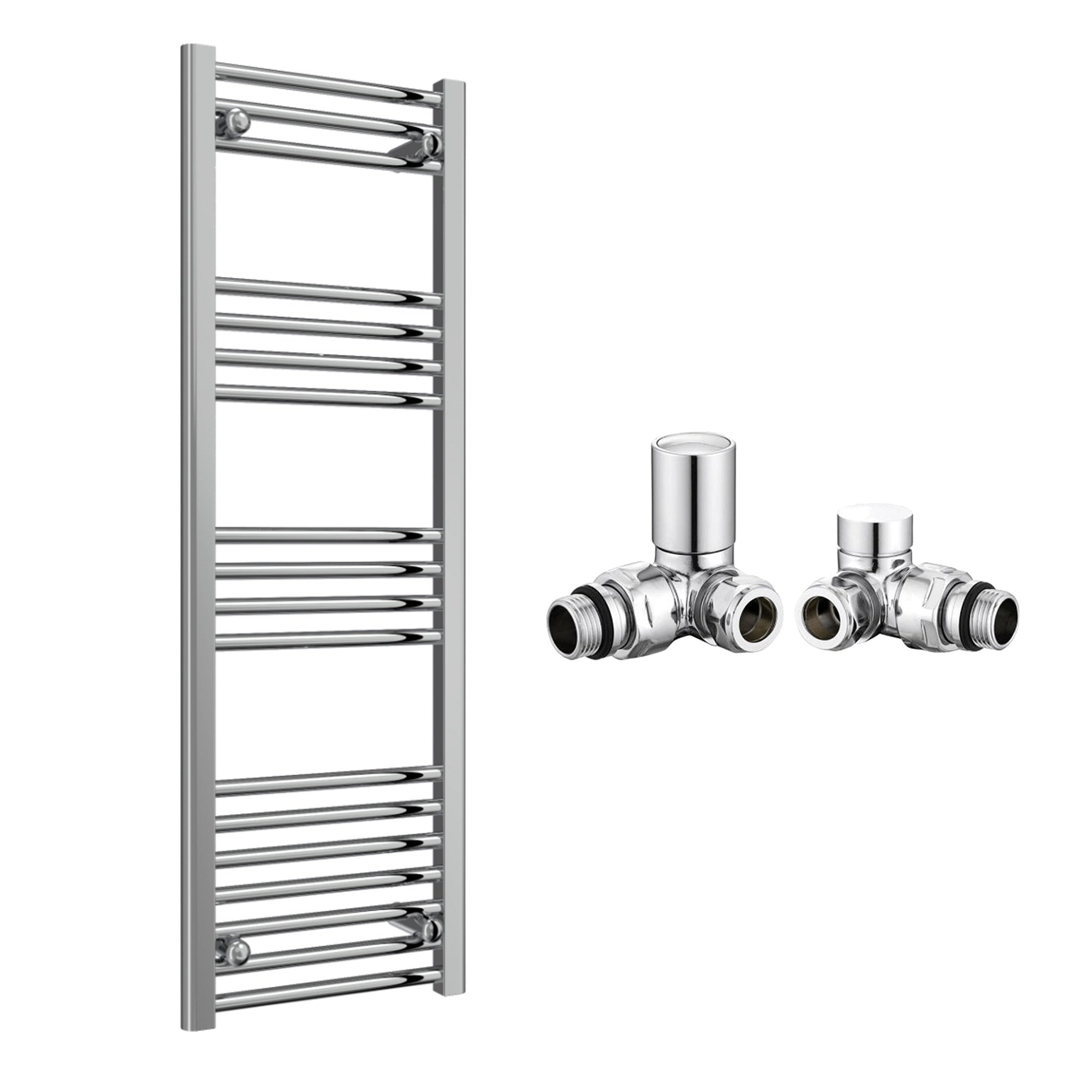 Reina Capo Flat Chrome Bathroom Heated Towel Rail 1200 x 400mm with Manual Corner Valves - Stylish Mild Steel Ladder Radiator