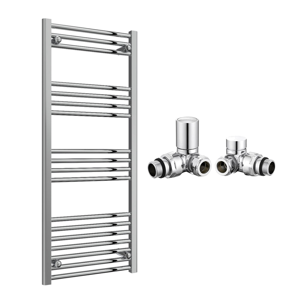 Reina Capo Flat Chrome Bathroom Heated Towel Rail 1200 x 500mm with Manual Corner Valves - Stylish Mild Steel Ladder Radiator