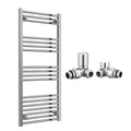 Reina Capo Flat Chrome Bathroom Heated Towel Rail 1200 x 500mm with Manual Corner Valves - Stylish Mild Steel Ladder Radiator