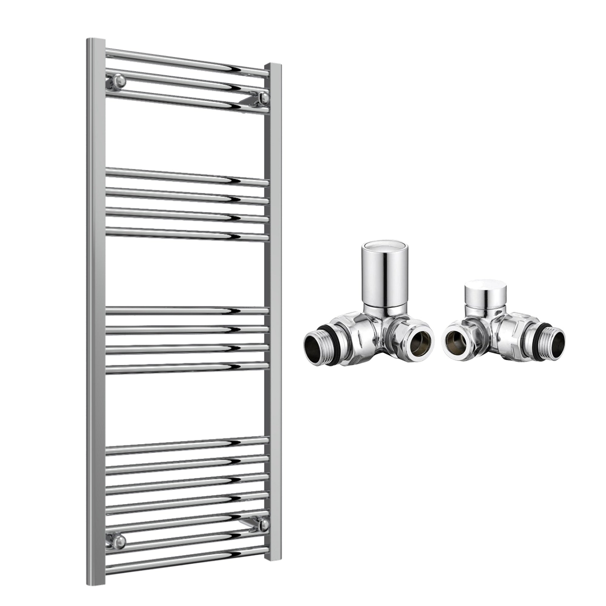 Reina Capo Flat Chrome Bathroom Heated Towel Rail 1200 x 500mm with Manual Corner Valves - Stylish Mild Steel Ladder Radiator