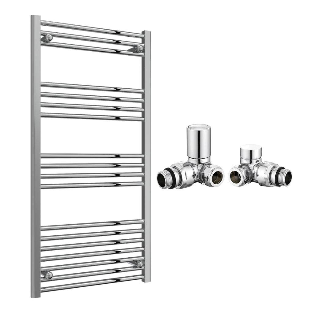 Reina Capo Flat Chrome Bathroom Heated Towel Rail 1200 x 600mm with Manual Corner Valves - Stylish Mild Steel Ladder Radiator