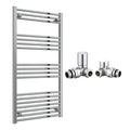 Reina Capo Flat Chrome Bathroom Heated Towel Rail 1200 x 600mm with Manual Corner Valves - Stylish Mild Steel Ladder Radiator