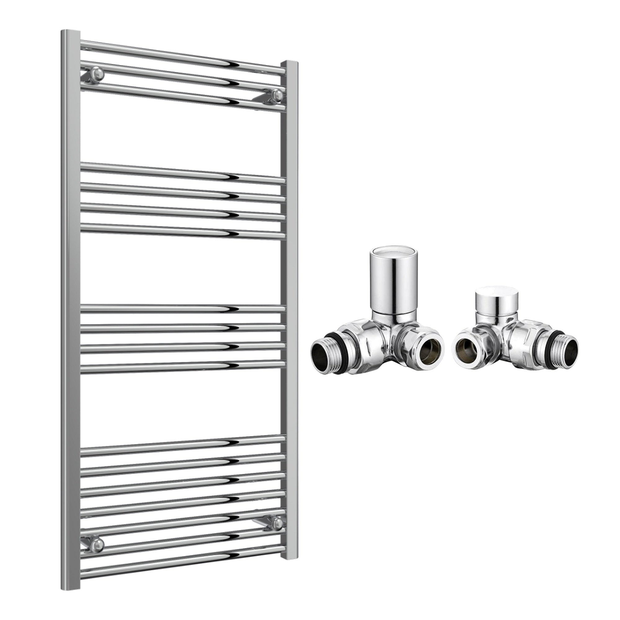 Reina Capo Flat Chrome Bathroom Heated Towel Rail 1200 x 600mm with Manual Corner Valves - Stylish Mild Steel Ladder Radiator