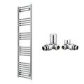 Reina Capo Flat Chrome Bathroom Heated Towel Rail 1600 x 400mm with Manual Corner Valves - Stylish Mild Steel Ladder Radiator