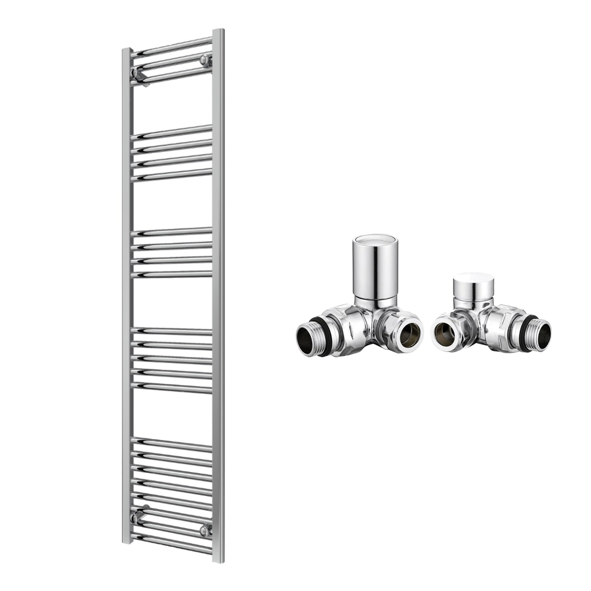 Reina Capo Flat Chrome Bathroom Heated Towel Rail 1600 x 400mm with Manual Corner Valves - Stylish Mild Steel Ladder Radiator