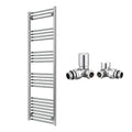 Reina Capo Flat Chrome Bathroom Heated Towel Rail 1600 x 500mm with Manual Corner Valves - Stylish Mild Steel Ladder Radiator