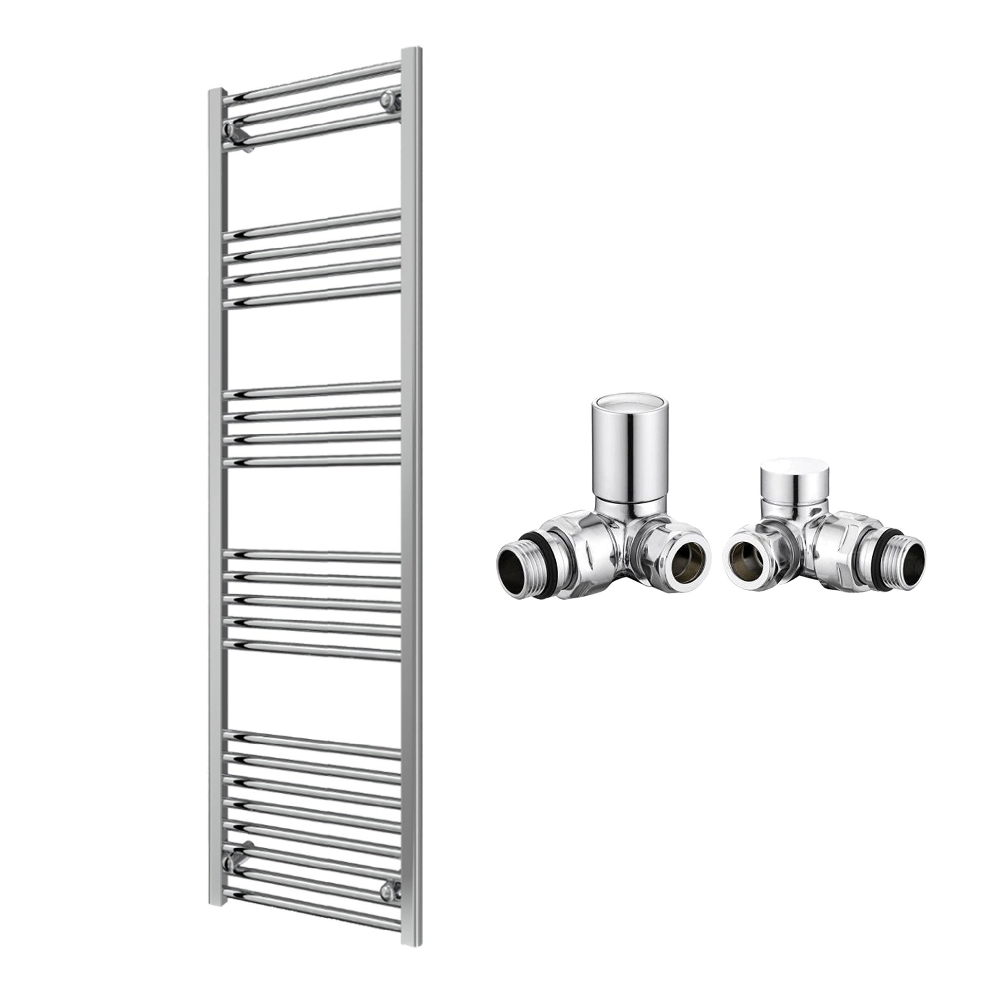 Reina Capo Flat Chrome Bathroom Heated Towel Rail 1600 x 500mm with Manual Corner Valves - Stylish Mild Steel Ladder Radiator