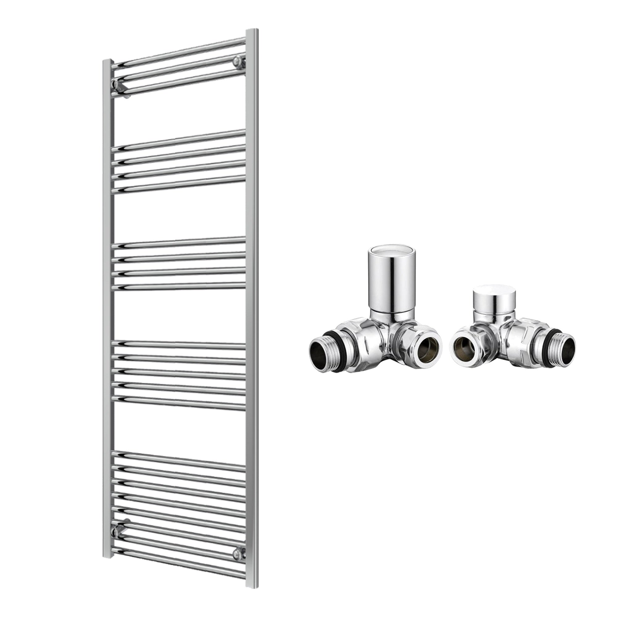 Reina Capo Flat Chrome Bathroom Heated Towel Rail 1600 x 600mm with Manual Corner Valves - Stylish Mild Steel Ladder Radiator