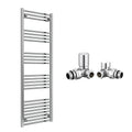 Reina Capo Flat Chrome Bathroom Heated Towel Rail 1800 x 500mm with Manual Corner Valves - Stylish Mild Steel Ladder Radiator
