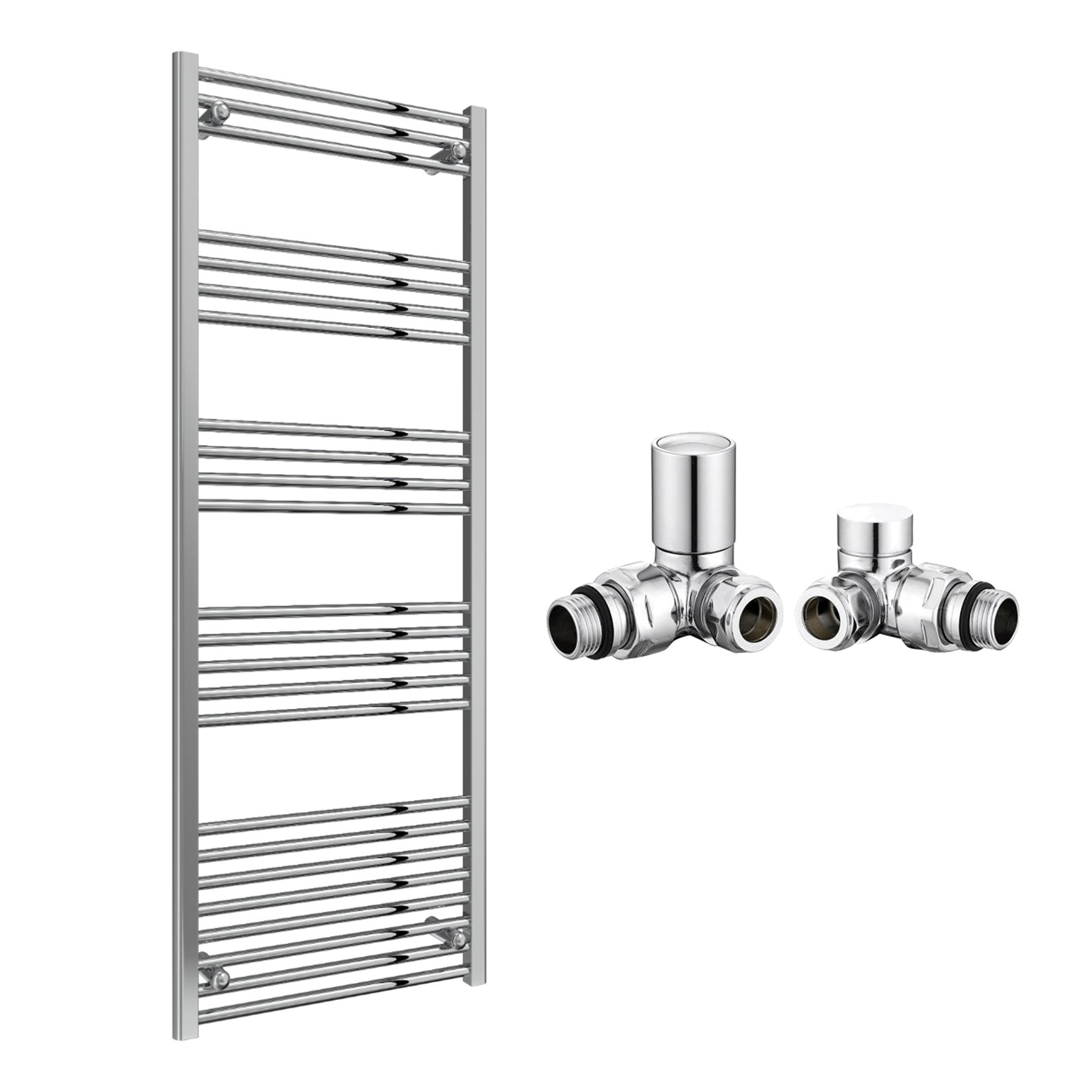 Reina Capo Flat Chrome Bathroom Heated Towel Rail 1800 x 600mm with Manual Corner Valves - Stylish Mild Steel Ladder Radiator