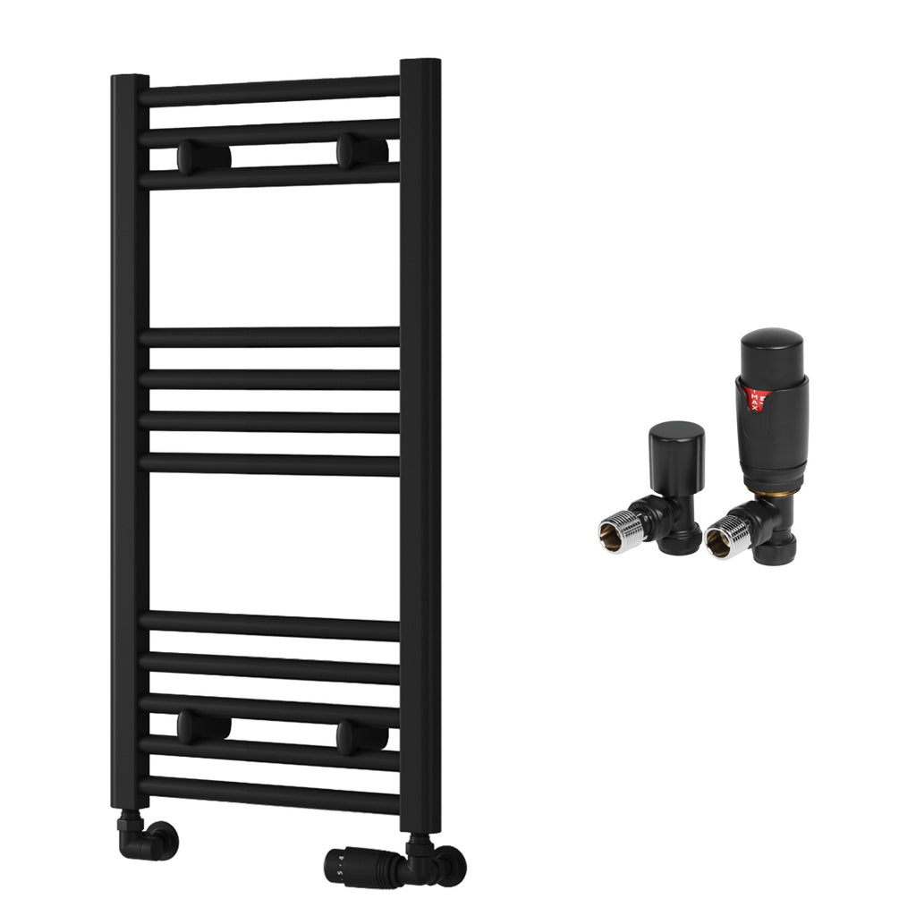 Reina Capo Flat Black Bathroom Heated Towel Rail 800 x 400mm with TRV Angled Valves - Stylish Mild Steel Ladder Radiator