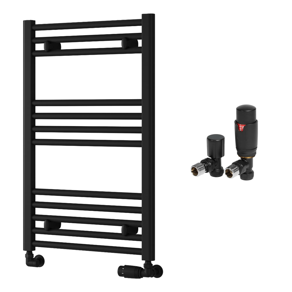 Reina Capo Flat Black Bathroom Heated Towel Rail 800 x 500mm with TRV Angled Valves - Stylish Mild Steel Ladder Radiator