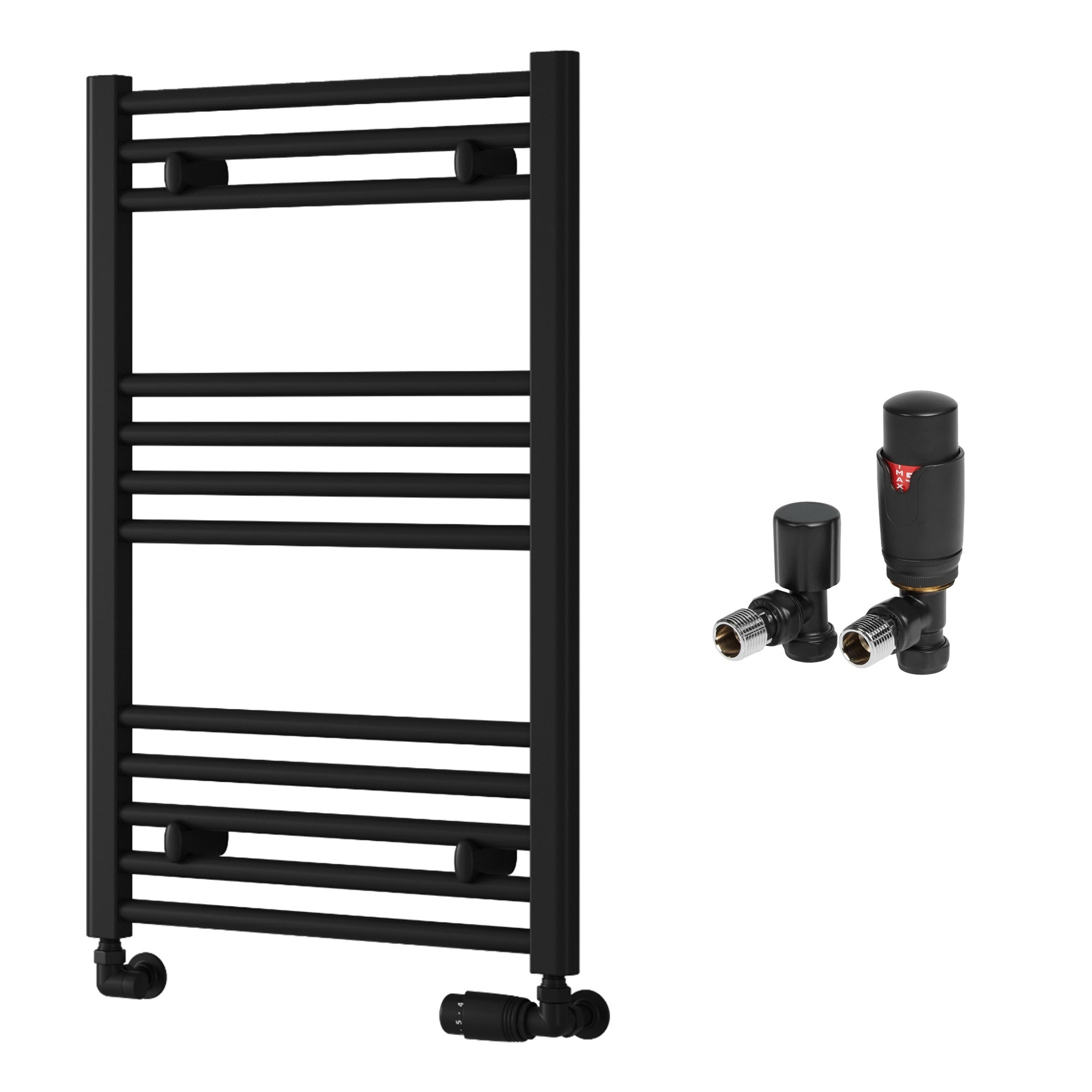 Reina Capo Flat Black Bathroom Heated Towel Rail 800 x 500mm with TRV Angled Valves - Stylish Mild Steel Ladder Radiator