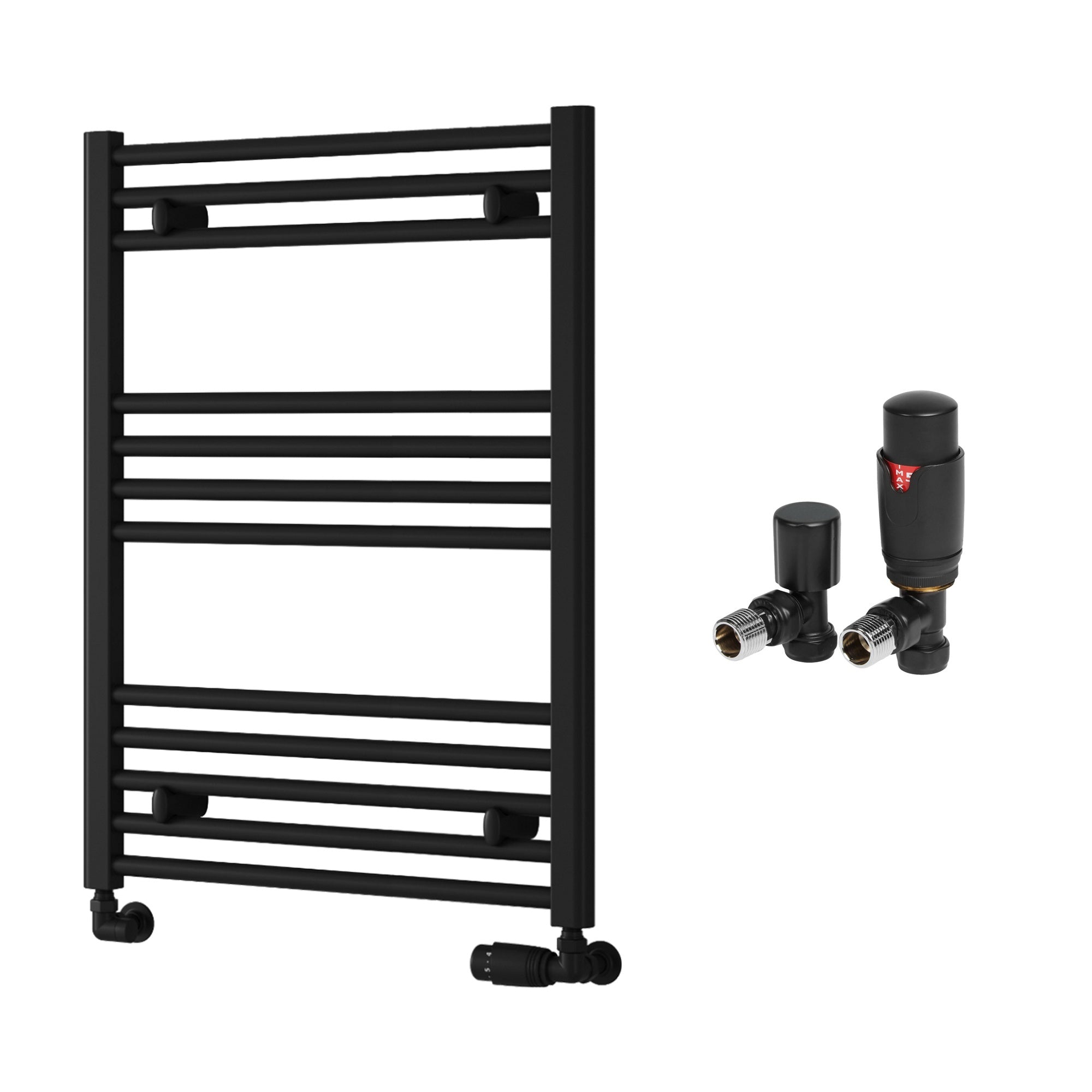 Reina Capo Flat Black Bathroom Heated Towel Rail 800 x 600mm with TRV Angled Valves - Stylish Mild Steel Ladder Radiator