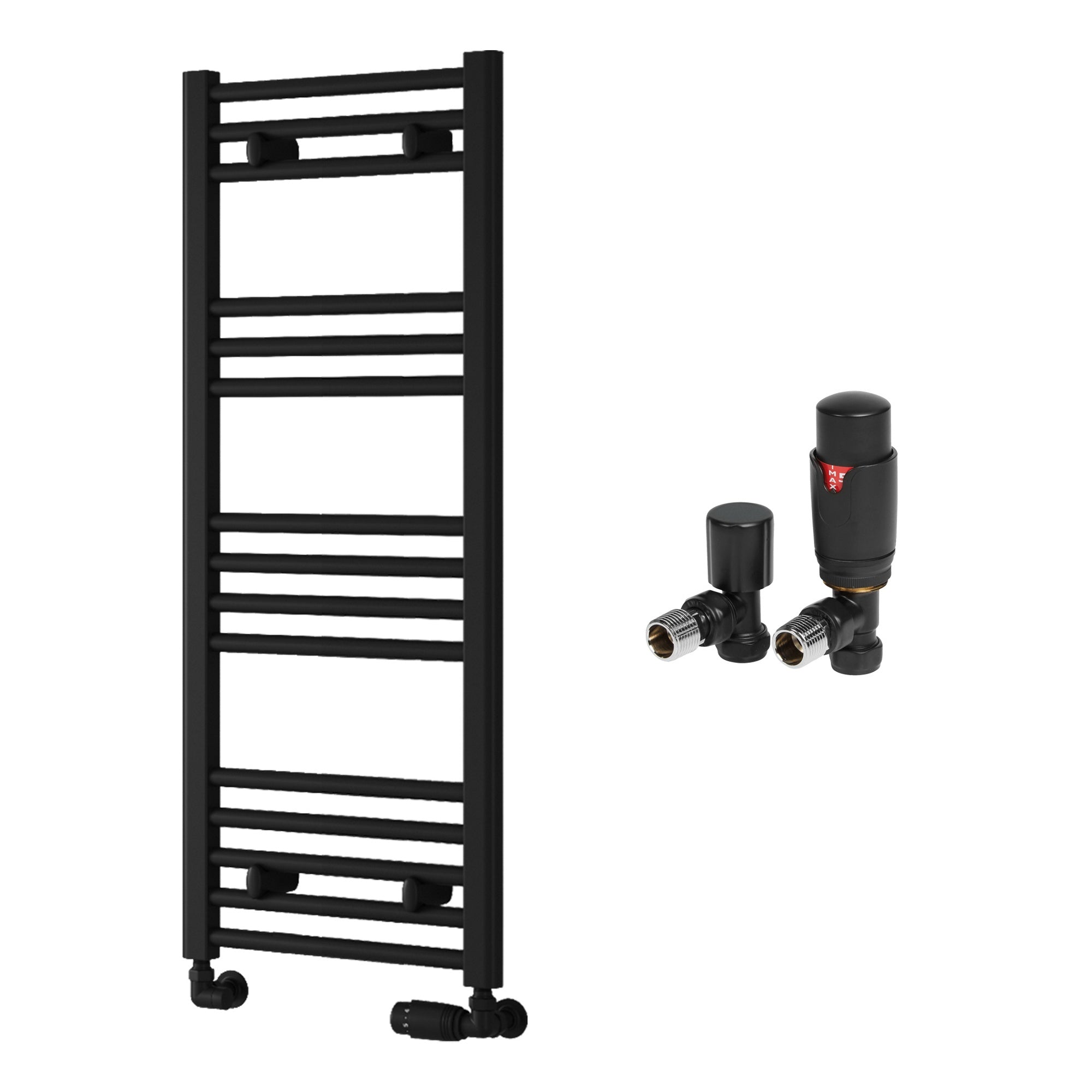 Reina Capo Flat Black Bathroom Heated Towel Rail 1000 x 400mm with TRV Angled Valves - Stylish Mild Steel Ladder Radiator