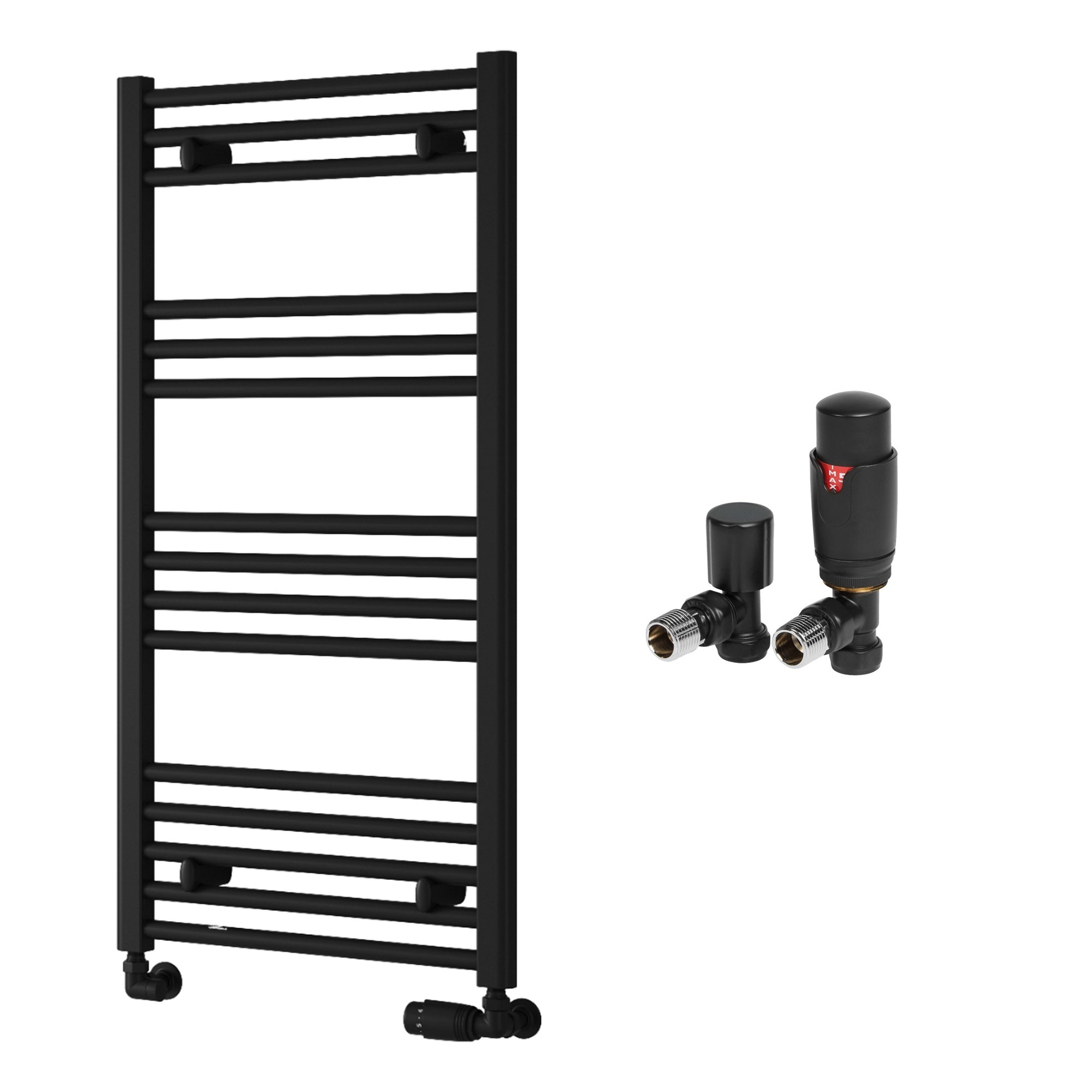 Reina Capo Flat Black Bathroom Heated Towel Rail 1000 x 500mm with TRV Angled Valves - Stylish Mild Steel Ladder Radiator