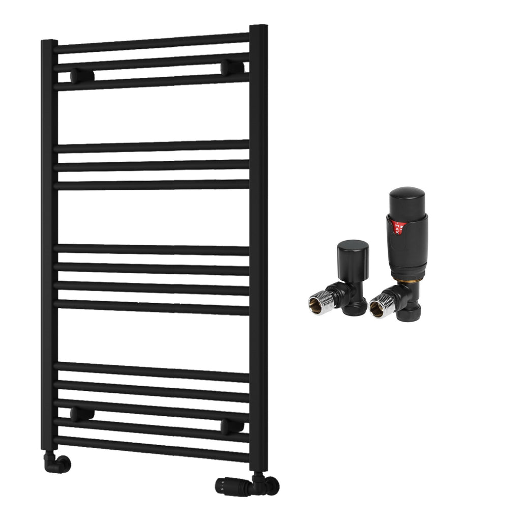 Reina Capo Flat Black Bathroom Heated Towel Rail 1000 x 600mm with TRV Angled Valves - Stylish Mild Steel Ladder Radiator
