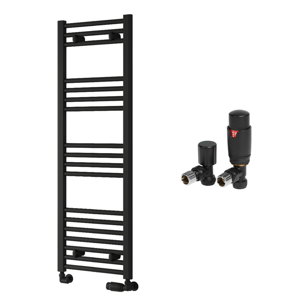 Reina Capo Flat Black Bathroom Heated Towel Rail 1200 x 400mm with TRV Angled Valves - Stylish Mild Steel Ladder Radiator