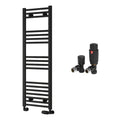 Reina Capo Flat Black Bathroom Heated Towel Rail 1200 x 400mm with TRV Angled Valves - Stylish Mild Steel Ladder Radiator