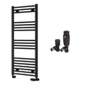 Reina Capo Flat Black Bathroom Heated Towel Rail 1200 x 500mm with TRV Angled Valves - Stylish Mild Steel Ladder Radiator