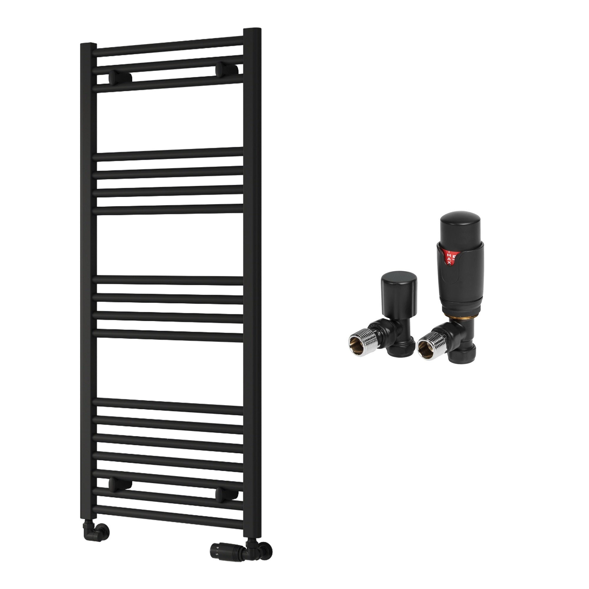 Reina Capo Flat Black Bathroom Heated Towel Rail 1200 x 500mm with TRV Angled Valves - Stylish Mild Steel Ladder Radiator