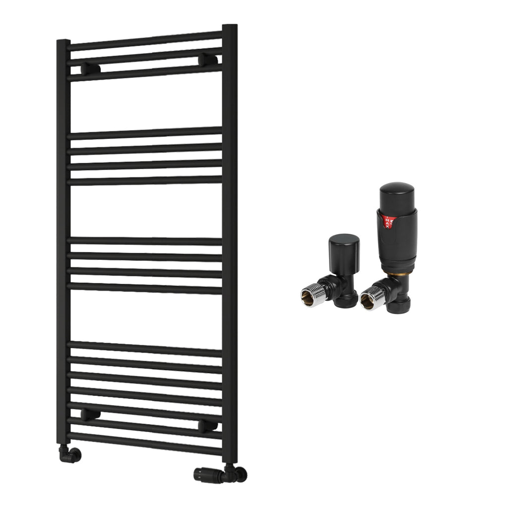Reina Capo Flat Black Bathroom Heated Towel Rail 1200 x 600mm with TRV Angled Valves - Stylish Mild Steel Ladder Radiator